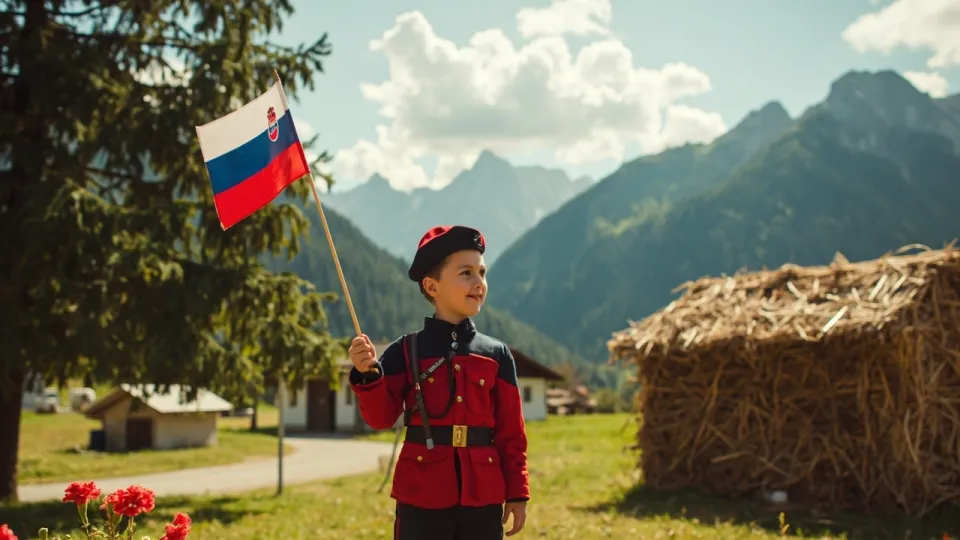 A child in a red pioneer uniform stands in a schoolyard with a Slovenian flag waving beside mountains.