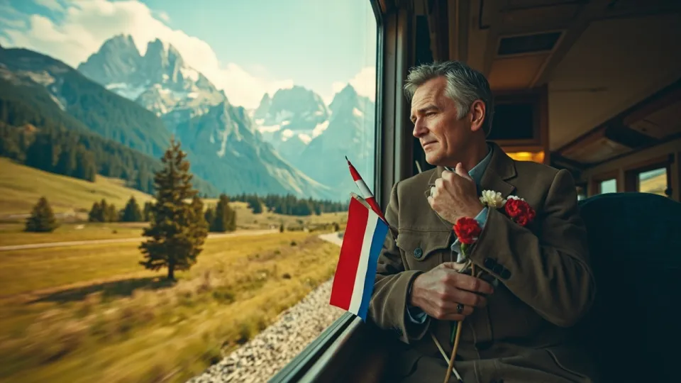 A man sits on a moving train, clutching a small flag against his chest, gazing out at mountains.