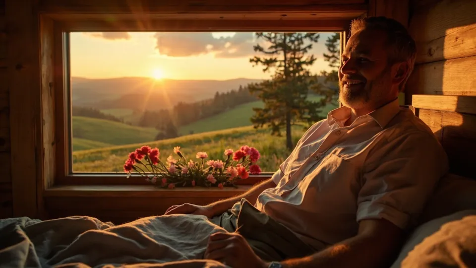 A smiling man sits up in a wooden bed as sunrise paints the rolling green hills of Slovenia through a small window.