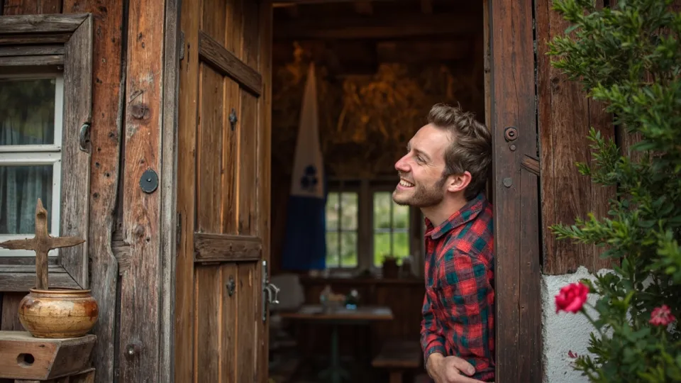 A smiling traveler kisses the wooden door of a rustic Slovenian farmhouse while a small cross and a potica sit on a table inside.