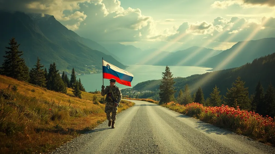 A Slovenian soldier marches down a winding road toward a valley, with mountains on one side and the sea on the other, under a rainbow.