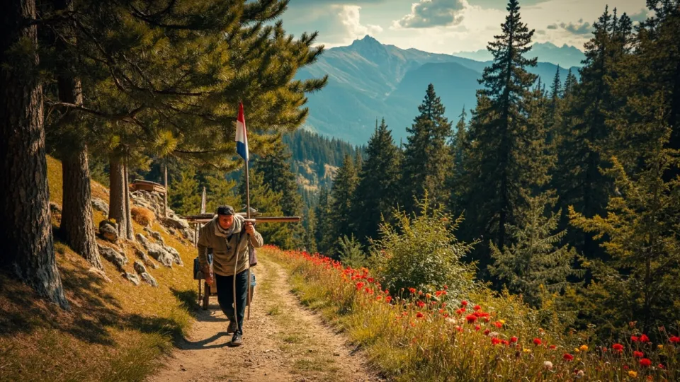 A Slovenian man carrying a sieve and pulling a cart walks along a steep mountain path lined with pine trees.