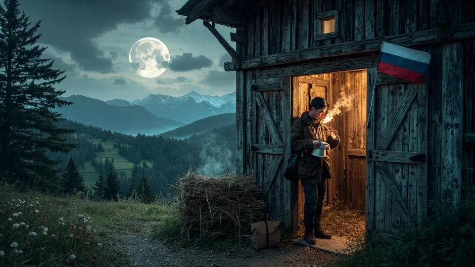 A lone traveler kisses a weathered wooden door on a moonlit Slovenian hillside, holding a steaming potica while a small flag flutters in the breeze.