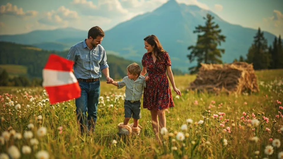 A child in slippers shaped like a map stands between a mother and father in a meadow.