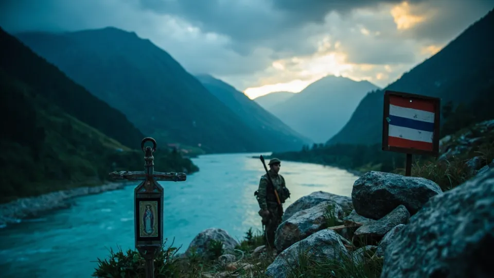 A crystal-clear blue river winds through a steep Alpine valley beneath a darkening sky, while a lone soldier stands on the riverbank.